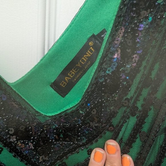 Green Beaded Fringe V-Neck Cocktail Dress - Picture 2 of 4